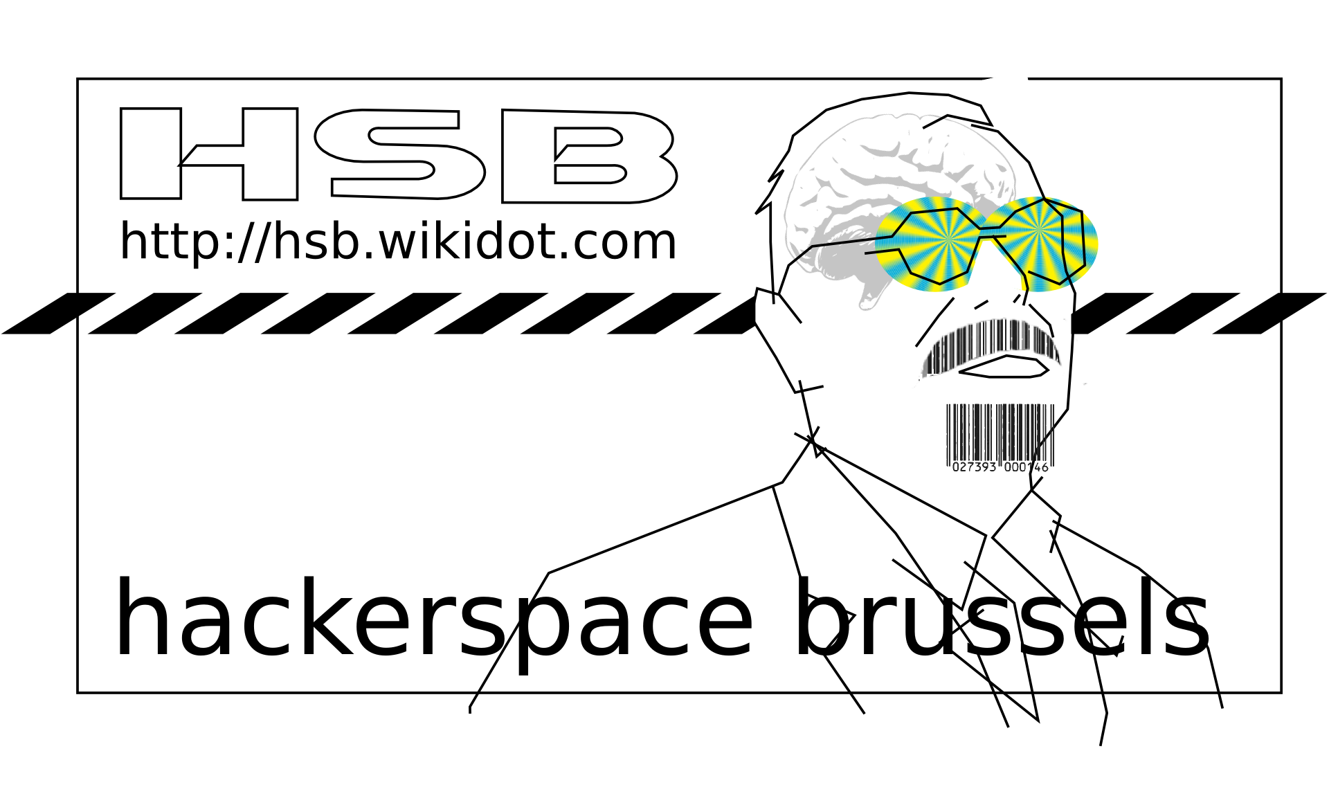 The 2009 HSB banner: line-art Norbert Wiener with a brain showing through his skull, brain machine goggles and a barcode moustache